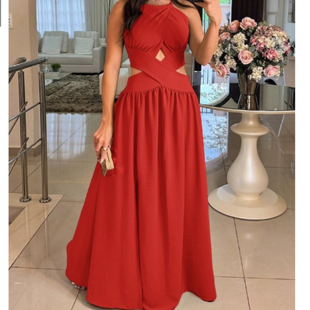 Red Maxi Dress with Cutout Details - Women Dresses Maxi